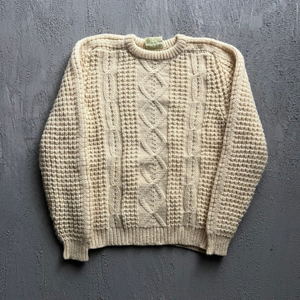 Vintage Gaeltarra Sweater Medium white 1980s Wool Cable Knit Ireland Fisherman